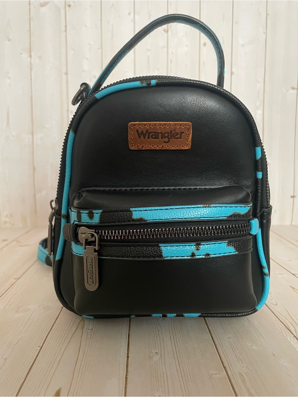 Wrangler Black Faux Leather Crossbody Mini Bag with Blue Cow Print Lining